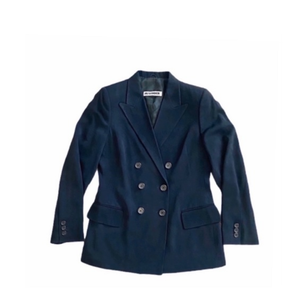 Jil Sander Vintage Navy Blue Double Breasted Wool Blend Blazer Jacket EUR 40